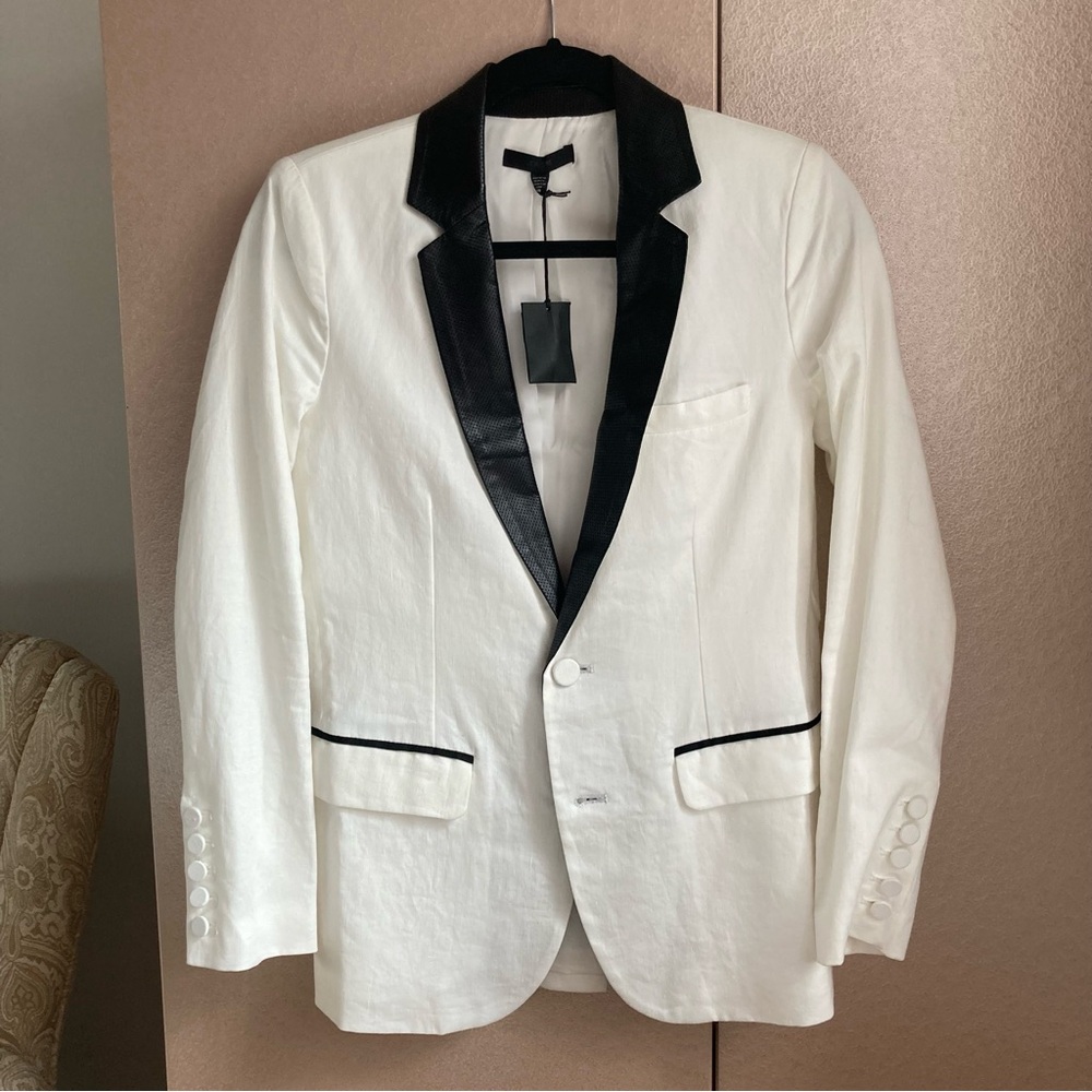 JOE’S JEANS | White Linen Blazer with Black Leather Lapel XS BNWT
